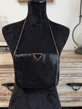 Vintage Hong Kong Black Metal Mesh Evening Bag Gold Chain Shoulder Purse